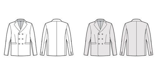 Double breasted jacket suit technical fashion illustration with long sleeves, notched lapel collar, flap welt pockets. Flat coat template front, back, white, grey color style. Women, men, CAD mockup