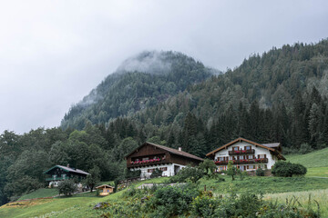Fototapeta na wymiar BERCHTESGADEN, GERMANY, 3 AUGUST 2020: Wooden houses in Bavaria