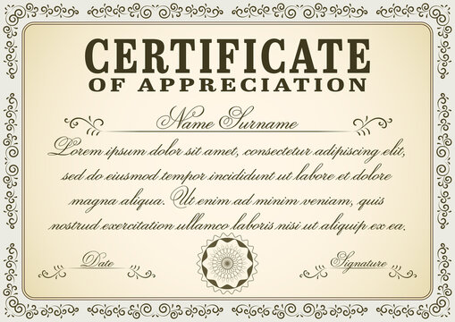 Certificate graphic with vintage swirl frame. Editable A4 size retro diploma template design to use for wedding cards, invitations and school diploma. 