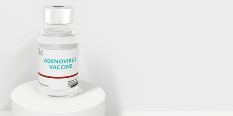 Glass vial with ADENOVIRUS VACCINE text on white background, 3D rendering