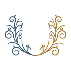 Floral wreath and design elements. Hand drawn decorative outline and golden graphics. Part of set.