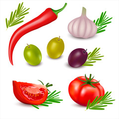A set realistic vegetables: tomato, olives of various colors, cut slice tomato, garlic, rosemary, hot chili pepper.