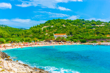 HVAR, CROATIA, AUGUST 8 2019: The beautiful Pokoniji Dol Beach in Hvar Island, Adriatic Sea