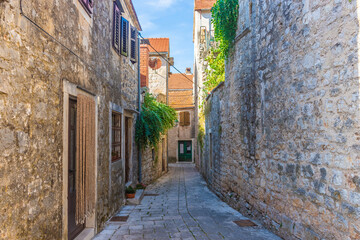 Ancient street of Stari Grad, little town in Hvar Island, Croatia