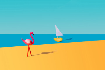 Pink flamingo toy standing alone on nice sunny day. Looks like sailing boat yellow plum slice at short distance. Bright optimistic orange and marine blue and sky blue background.