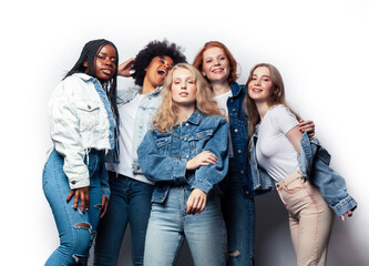 Fototapeta premium diverse multi nation girls group, teenage friends company cheerful having fun, happy smiling, cute posing isolated on white background, lifestyle people concept, african-american and caucasian
