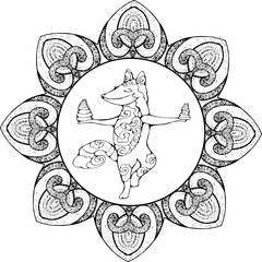 A fox with spirals in a yoga pose balances with stones in ornament mandala.