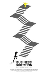 silhouette of businessman running to step to golden trophy at top of stair. Concept of vision mission and goal of business