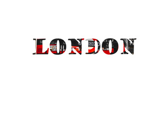 Image of London text isolated on white with traditionalfamous London things inside.