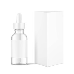 Dropper bottle mockups with labels isolated on white background. Vector illustration. Front view. Сan be used for cosmetic, medical and other needs. EPS10.	