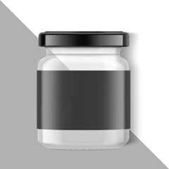 Black glass jar mockup isolated on background. Vector illustration. Front view. Сan be used for food, cosmetic and other needs. EPS10	