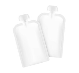 Set of food pouch bag mockup with round safety cap. Vector illustration isolated on white background. Front view. Can be use for template your design, presentation, promo, ad. EPS10.	