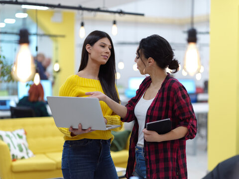female friends discussion about project at moder coworking office