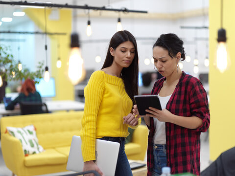 female friends discussion about project at moder coworking office