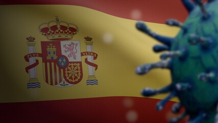 Flu coronavirus floating over Spanish flag. Spain pandemic of Covid19 virus