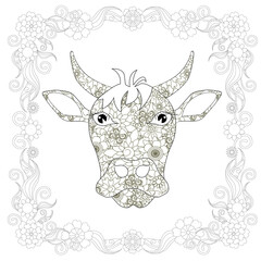 Monochrome doodle hand drawn stylized cow in flowers frame. Anti stress stock vector illustration for coloring book