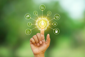 Businessmen click on the icon of the switch to save energy, including the icon about energy, energy...