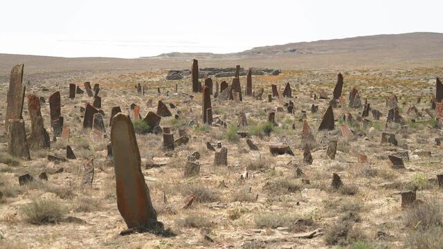 Tombstones and obelisks in the prehistoric cemetery.Anthropomorphic kurgan stone stelae statue menhirs steles ancient monument.Menhir orthostat lith old bronze age megalith Stele mass graveyard grave 