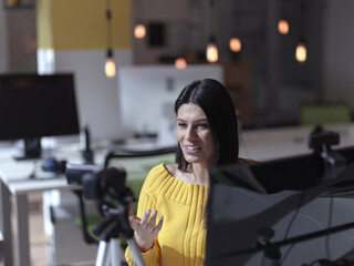 business woman have online meeting in modern open space coworking office