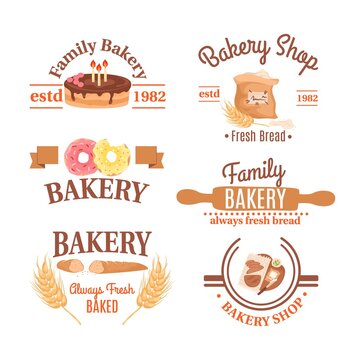 Bakery pastry cafe symbol, cake product label set for traditional shop, vector illustration. Classic cupcake, bread at badge sign.