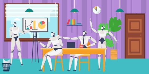 Robot meeting at flat modern office, cyborg at desk design, vector illustration. Robotic intelligence team have corporate communication.