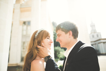 Luxury married wedding couple, bride and groom posing in old city