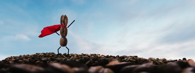 greatness concept - mountain and person made of coffee beans with super hero cape