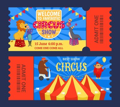 Entertainment show circus ticket to tent design, vector illustration. Carnival performance banner set, retro amusement theater.