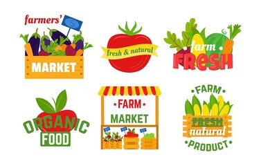 Organic logo for natural farm market product and healthy fresh food with sign, vector illustration. Agriculture icon emblem design