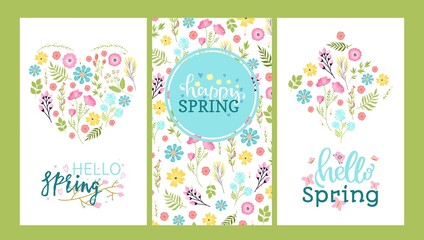 Floral card happy spring, poster flyer with flower design, vector illustration. Hello spring, decoration in frame, nature background and lettering.