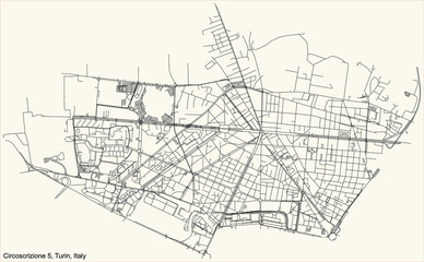 Black simple detailed street roads map on vintage beige background of the borough Circoscrizione 5 (Borgo Vittoria, Madonna di Campagna, Lucento, Vallette) of Turin, Italy