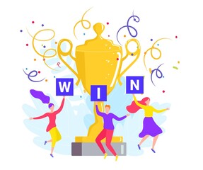 People win trophy, success victory achievement, vector illustration. Man woman character jump near huge cup award. Business prize