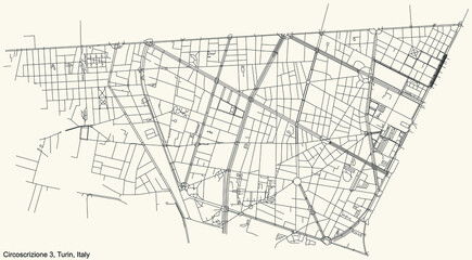 Black simple detailed street roads map on vintage beige background of the borough Circoscrizione 3 (San Paolo, Cenisia, Pozzo Strada, Cit Turin, Borgata Lesna) of Turin, Italy