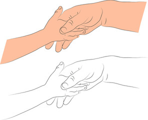 A child and an adult hold each other's hands. Illustration on a white background.