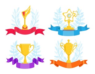 Trophy award with ribbon decoration set, vector illustration. Success victory, prize cup reward for champion winner. Win sport competition