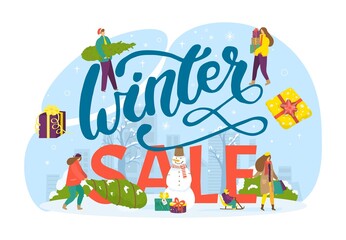 Obraz na płótnie Canvas Winter sale for christmas gift, vector illustration. People man woman character at season holiday buy present, flat ad promotion banner.