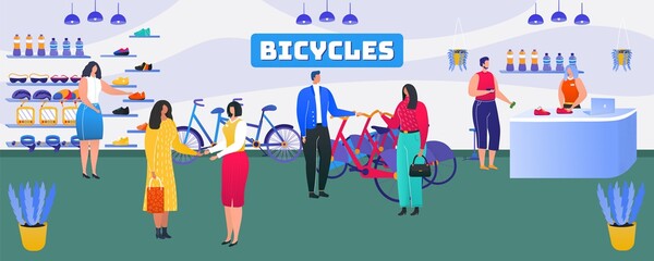 Naklejka premium Bike shop, bicycle for people leisure, vector illustration. Man woman character at store service look at wheel transport for activity