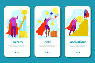 Business mobile website set, vector illustration. People man woman hero character at cartoon business teamwork concept. Working for career