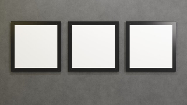 Three square pictures hanging on gray concrete wall. Template of posters with a black frame. 3D rendering mockup.