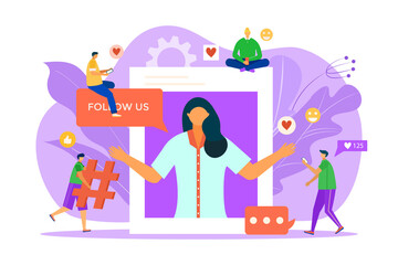 Digital content at huge screen, vector illustration. Online social media in flat internet, people use network technology. Video communication