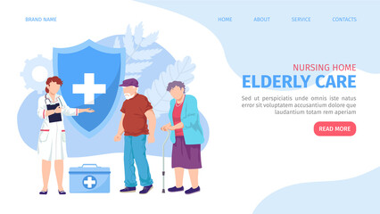 Doctor care about elderly people character, vector illustration. Flat medical help for old patient health in hospital service, landing banner.