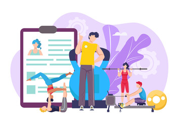 Fitness coach for healthy person sport, vector illustration. Training exercise, workout in cartoon gym for athletic fit, active lifestyle concept