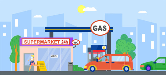 Naklejka premium Gas station, fuel petrol for car, vector illustration. Flat service wtih gasoline, oil energy pump for transportation. Cartoon diesel refill industry