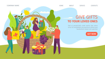 Give gift, flat design vector illustration. Happy man woman people character present box to each other, template page background.