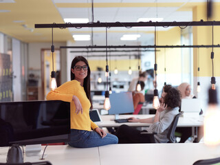 Fototapeta na wymiar business woman portrait in open space startup coworking office