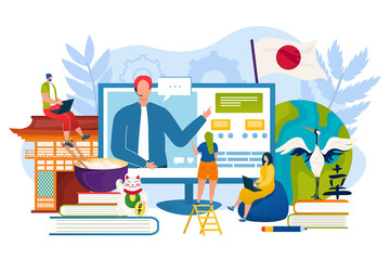 Language education online, learn japanese at internet school, vector illustration. Student man woman character learn how to speak distance technology
