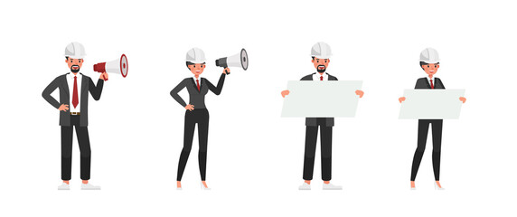 Set of engineer people working character vector design. Presentation in various action with emotions.