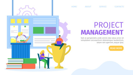 Business project management by teamwork, web page vector illustration. People man woman character in big screen, development concept.