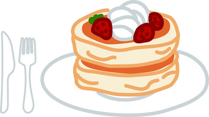 いちごとクリームの乗ったパンケーキの簡単なイラスト