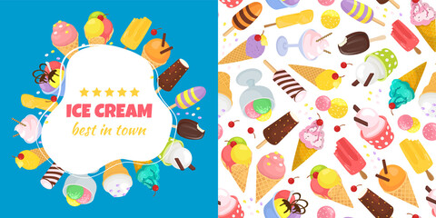 Ice cream banner set, best in town food, vector illustration. Delicious cartoon frozen dairy product, creamy refreshing summer dessert.